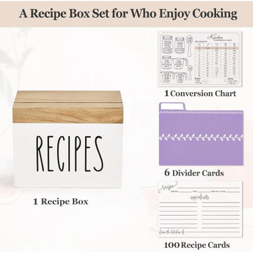 Dahey Wooden Recipe Box White Recipe Organizer with 100 Recipe Cards and 6 Dividers, Recipe Card Holder Box Set with Lid and Slots to Write in Your Own Recipes for Cooking Lover Kitchen, 6.9''x4.3''