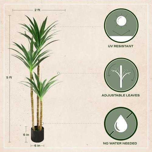 Hyper Realistic Dracaena 5ft Tall - Real Touch & VU Protected Faux Yucca Floor Plant in Pot- Artificial Agave Plant Fake Tree with Black Planter Indoor Outdoor Patio Decor