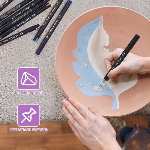 Acrylic Paint Markers 60 Colors 30 PCS Dual Tip Acrylic Markers for Adult Coloring Books No Bleeding Ideal for Glass,Ceramic,Wood,Canvas,Stone,Fabric, Rock Painting, Art Supplies