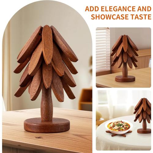 Wooden Trivets for Hot Dishes, Hot Dish Coaster with Tree-Shaped Wood Collapsible Hot Pad Trivet Tree for Restaurant, 4 Wooden Trivet   1 Stand（Walnut Wood）