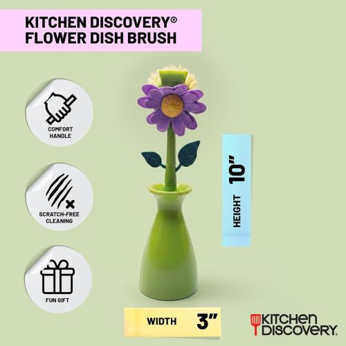 Cute Dish Brush with Stand – Kitchen Discovery – Daisy in a Vase Brightens The Sink Area While Keeping a Kitchen Dish Brush at Hand – Fun Gift for Fans of Cute Cleaning Supplies