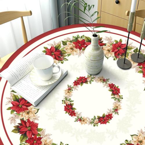 Christmas Round Fitted Tablecloth with Elastic for 40-44 Inch Tables Winter Floral Leaves Print Fitted Table Cover Waterproof Holiday Theme Farmhouse Indoor Outdoor Patio Picnic Party Decor