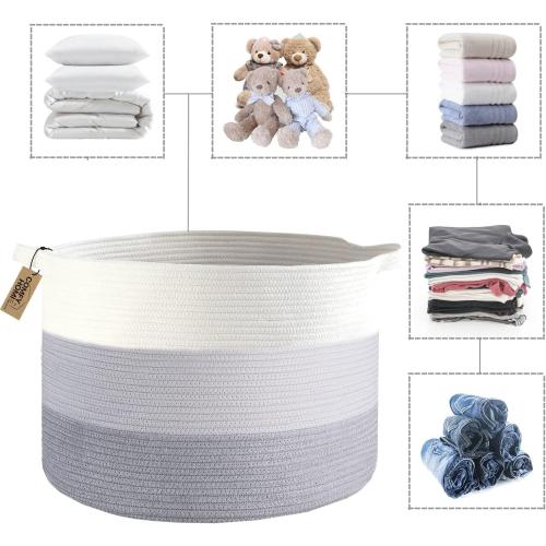 White and Grey COMFY-HOMI Laundry Basket, Cotton Rope Nursery Woven Basket for Storage, Blanket Baskets Living Room Laundry Hamper, Dog Toy Storage Organizer, Home Decor-White and Grey