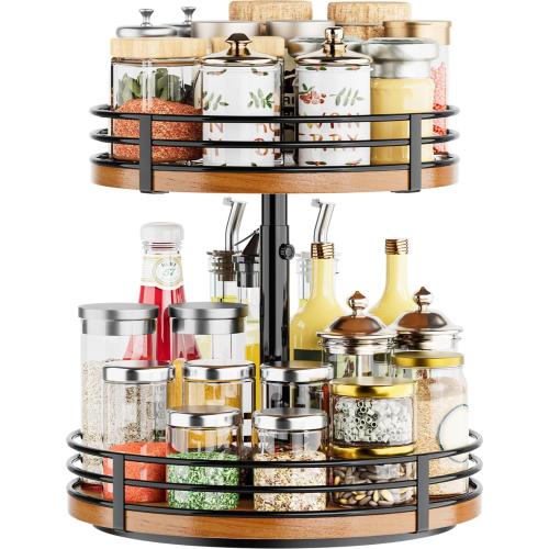 Lazy Susan Turntable Organizer Adjustable - 2 Tier Wood Rotating Spice Rack 12 Inch Lazy Susan for Kitchen Countertop Cabinet Pantry Cupboard Dining Table Bathroom Coffee Bar Home Storage