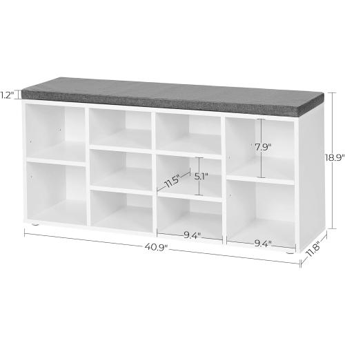 Size 11.8 x 40.9 x 18.9 Inches, Cloud White VASAGLE CUSTOS Collection - Shoe Bench, Storage Bench with Padded Seat, Entryway Bench with 10 Compartments, for Bedroom, Size 11.8 x 40.9 x 18.9 Inches, Cloud White and Dove Gray ULHS010W01