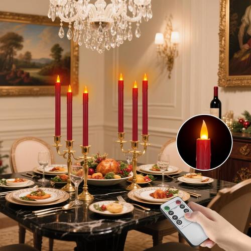 6 Pcs Burgundy Flameless Taper Candles with Remote, 10 White Battery Operated Led Candlesticks with Flickering 3D Flame, Fake Taper Candles for Halloween Anniversaries Dinner Home Décor