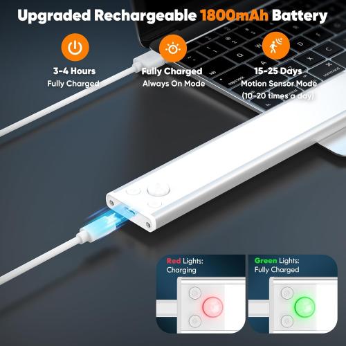 Under Cabinet Lights, 68-LED Rechargeable Battery Operated Motion Sensor Lights Indoor, 1800mAh Magnetic Dimmable Closet Lights, 3 Color Wireless Under Counter Night Lights for Kitchen Stair, 3 Packs