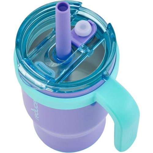 REDUCE 14 oz Coldee Tumbler with Handle for Kids - 2 Pack, Leakproof Insulated Stainless Steel Mug with Lid & Spill-Proof Straw, Keeps Drinks Cold up to 18 Hrs, Purple and Teal