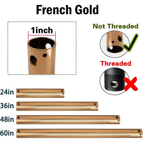 Ruiyang 24 inch Ceiling Fan Downrod with Extension Cord,2 FT Downrod for Ceiling Fan,1 inch Outside Diameter,Ceiling Boom Suitable for a Wide Range of Fans (Gold,Not Threaded)