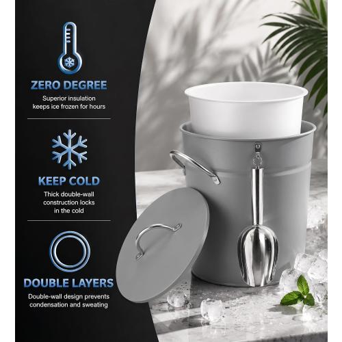 3 Qt Gray Galvanized Ice Bucket with Lid, Scoop and Handles, Insulated | Double-layer insulated ice bucket with galvanized inner layer for wine, champagne, cocktails, parties, BBQs and outdoor use.