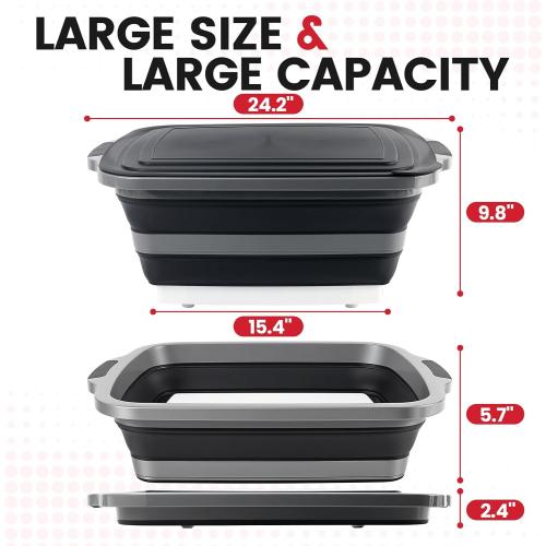 BBQ Prep Tub,30L Collapsible Cutting Board with Lid for Grilling, Black | Portable Wash Basin, Odor-Control Storage, Table-Saving Prep Area, For Grill Stations, Parks, RV Trips, Picnic Crew Meals