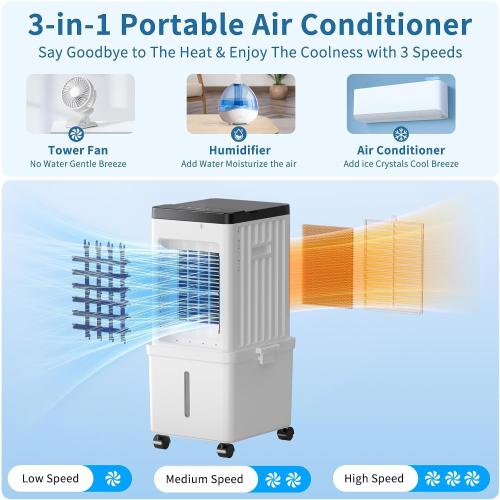 Portable Air Conditioners, Swamp Cooler Portable AC Unit for Home Use, Windowless Evaporative Air Cooler with 2.6 Gal Removable Water Tank, Fast Cooling Portable AC for Room, Bedroom, Office