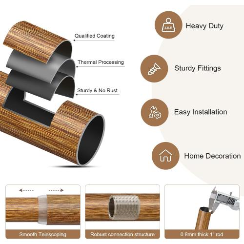 2 Pack Wood Curtain Rods for Windows 66 to 120 Inches 1 Diameter Boho Decorative Heavy Duty Window Curtain Rod Set Adjustable with Handmade Wood Grain Design for Living Room Bedroom Kitchen