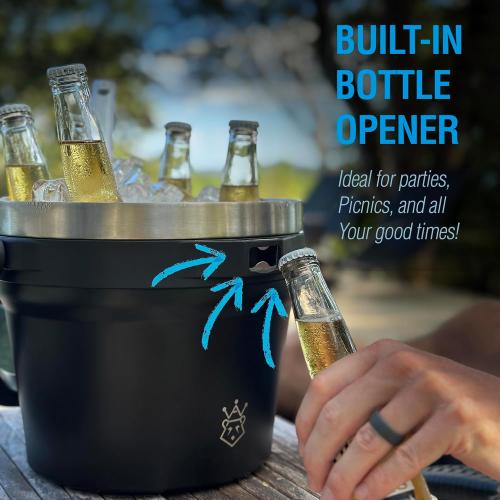 Insulated Ice Bucket with Lid and Scoop - Extra Large Double-Walled Ice Bucket for Parties, Cocktail Bar, Stainless Steel Wine Chiller, Beverage Tub with Handle and Bottle Opener (Black)