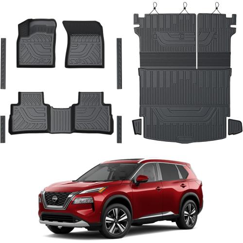 Black Floor Mats Set for Nissan Rogue 2025 2024-2021 Accessories, Full Coverage All Weather Floor Mats Cargo Mat with Backrest Protectors & Door Sill Guards (Not for Sport)