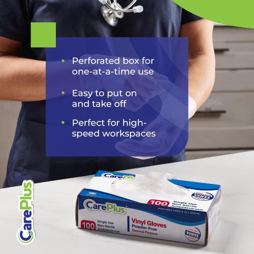 CARE PLUS Latex-Free Vinyl Gloves Clear Medium Size 100 Count | Heavy Duty, Non-Sterile, Powder-Free, Rubber | Food Prep, Kitchen & Cleaning Gloves, Ideal for Professional Use
