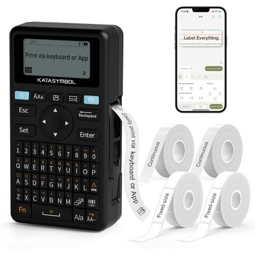 SUPVAN E11 Bluetooth Label Maker Machine with 4 Tapes, Support Keyboard & App with 30  Fonts and 660  Icons, Rechargeable Inkless Labeler for Home, Kitchen, Office, School, Organization, Black