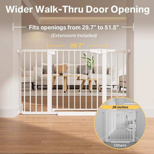 Cumbor 2 Pack 29.7-51.5 Extra Wide Baby Gate for Stairs, Easy Walk Through Dog Gates for Doorways, Pressure Mounted Pet Gate Indoor, Safety Auto-Close Child Gate for Kids with 4 Wall Cups, White
