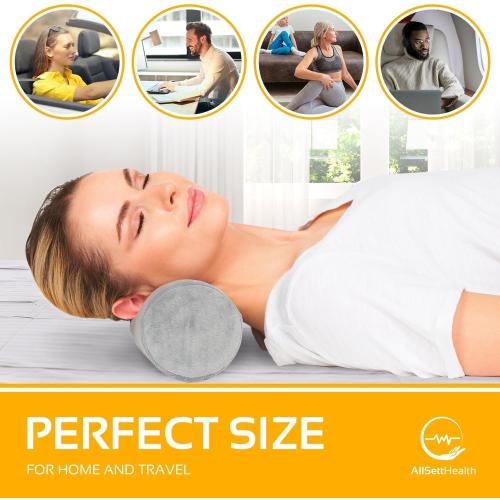 Grey AllSett Health Cervical Neck Roll Memory Foam Pillow, Bolster Pillow, Round Neck Support for Sleeping | Bolster for Bed, Legs, Back and Yoga