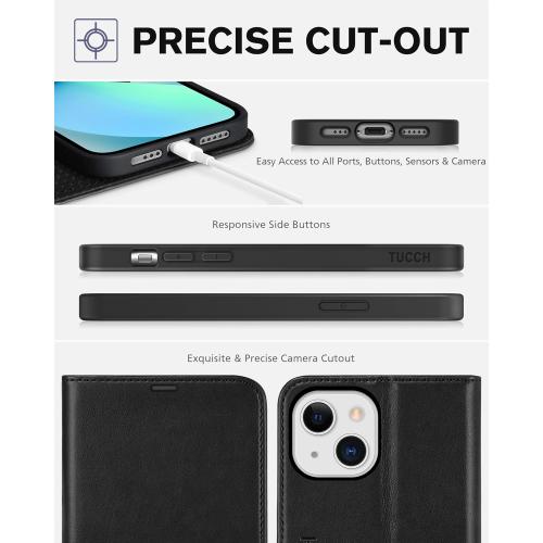 TUCCH Case Wallet for iPhone 13 (6.1) 2021, RFID Blocking 3 Card Holder Kickstand PU Leather Flip Folio, [Shockproof TPU Inner Shell] Phone Cover, Black