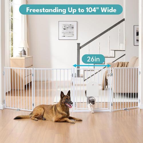 No Pawblems Free Standing Dog Gate with Cat Door, 30'' Tall Foldable Dog Fence for Indoor & Outdoor, Up to 104 Inch Extra Wide Puppy Gate for Stairs, Hallways, Doorways, Deck, Yard (White, 4 Panels)