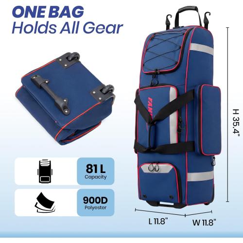 Fanwoli Rolling Baseball Bag with Wheels, Large Softball Catchers Gear Bags for 4 Bats (Fits Up To 32), Separate Shoe Compartment, Safety Reflective Strip, Fence Hook, Portable Bag for Youth & Adult