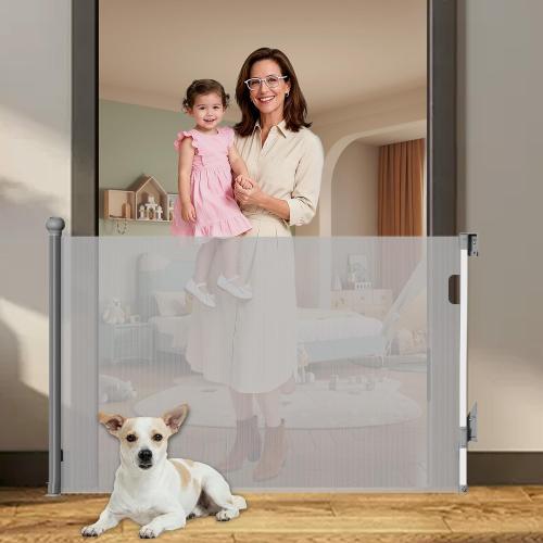 Retractable Baby Gate for Stairs Doorways - Extra Wide 55 No-Drill Pressure Mount OR Screw Mount, Space Saving Mesh Gate with No Bottom Bar Trip Hazard, for Indoor Outdoor Use with Kids, Dogs & Cats
