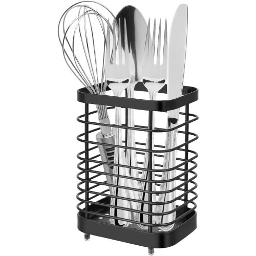 Utensil Holder, Stainless Steel Utensil Drying Rack for Kitchen Counter, Silverware Cutlery Flatware Holder Forks, Knives, Spoons, Chopsticks Organizer (Black)