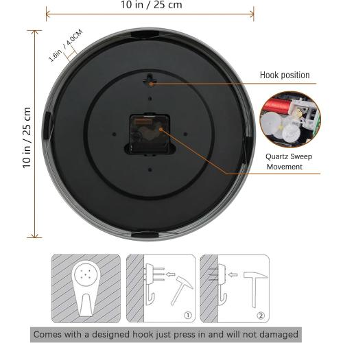 Non Ticking Silent Wall Clock, 10 Inch, Black, Quartz Analog, Battery Operated, with Thermometer and Hygrometer, Easy Installation