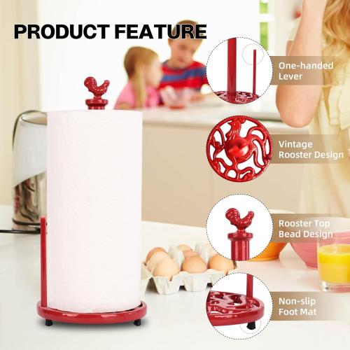 Vintage Rooster Paper Towel Holder - Easy One Handed Tear Cast Iron Roll Paper Towel Dispenser Countertop, Red