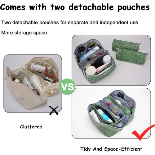 BOYATU Travel Makeup Bags Cosmetic Organizer Bag: 3-Set Large Capacity Make up Bag - PU Leather Toiletry Bags for Women - Wide Open Portable Pouch with Divider & Handle (03-Green-2)