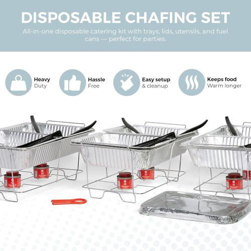 Large Full Size 33-Pcs Disposable Chaffing Buffet with-Covers, Utensils, Fuel Cans – Premium Chafing Dish Set for Events, Parties, Catering