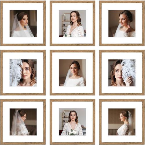 12x12 Picture Frame Set of 9, Display Pictures 8x8 with Mat or 12x12 without Mat, Multi Collage Gallery Square Photo Frames for Wall or Tabletop,Light Brown