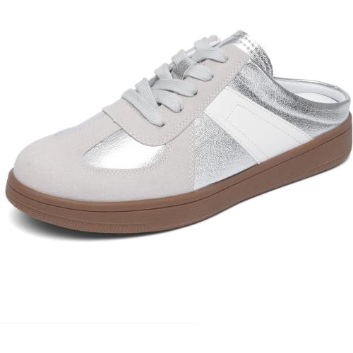 NEWBELLA Women's Lace-Up Mule Sneakers Fashionable Backless Sneakers for Women Sliver (Size.8.5)