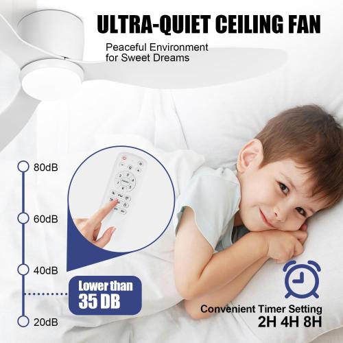 VACILL Low Profile Ceiling Fan with Light and Remote, 52 Inch Flush Mount White Ceiling Fan, Quiet Reversible DC Motor, 6 Speed, 3 Color Dimmable LED, 3 Blades for Bedroom Living Room