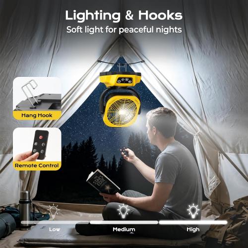 Battery Operated Fan for Dewalt 20V Max battery, Camping Fan with USB A/C & LED Lights, 4 Speeds & Remote Control, Portable/Cordless/Battery Powered fan, for Outside, Jobsite (Battery Not Included)
