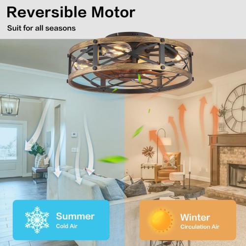 Color Brown and Black Caged Ceiling Fan with Light, Modern Fandelier Flush Mount Ceiling Fans with Lights and Remote, Farmhouse Low Profile Bladeless Ceiling Fans with Lights for Bedroom, Living Room
