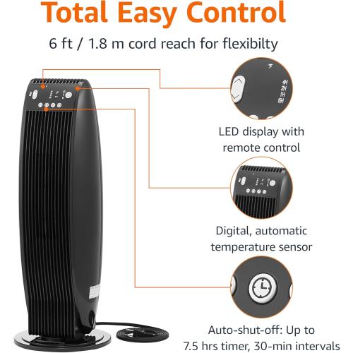 Amazon Basics Oscillating Tower Heater, With Digital Display, Remote Control, Timer, Over-Heat and Tip-Over Protection, Room Temperature Sensor, 2 Heat Settings, 1500W, Black, 8.6D x 8.6W x 23H