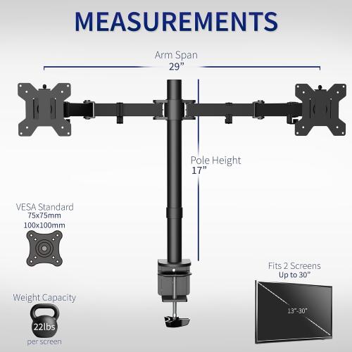 VIVO Dual Monitor Desk Mount, Holds 2 Computer Screens up to 30 inches and 22lbs Each, Heavy Duty Fully Adjustable Steel Stand with C-Clamp and Grommet, Black, STAND-V002, (MISSING parts)