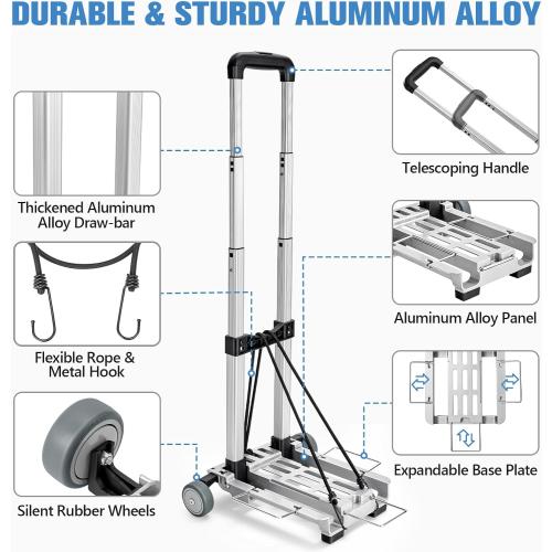 KEDSUM Mini Luggage Cart with Wheels Foldable, Lightweight Trolley Cart with Wheels, Expandable Baseplate Foding Hand Truck, 120 LBS Portable Dolly for Airport, Travel and Moving, 100% Aluminum