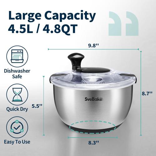 Stainless Steel Salad Spinner, 4.8 Qt Vegetable Washer, BPA-Free Lettuce Dryer with Crank Design, Dishwasher Safe, Non-Slip Base - Transparent Lid