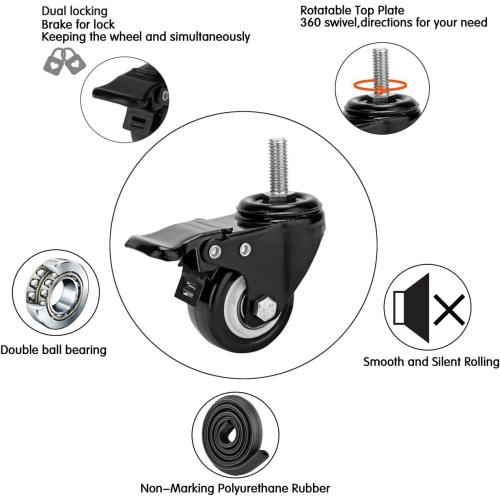 2 Stem Caster Wheels with Safety Dual Locking 600Lbs Heavy Duty Threaded Stem Casters No Noise Swivel Castors with Brakes 3/8- 16 x 1 (Set of 4)