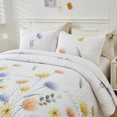 Dinjoy Floral Quilt Set Queen 3 Pieces Blue & Yellow Quilts Bedding Set Bohemian Bedspread Bed Cover Lightweight Spring Summer Beds Coverlet for All Season(96x90)