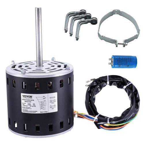 VEVOR 3/4HP Furnace Blower Motor, 208/230V 3.85Amps, 1075RPM 5 Speeds, CW/CCW Rotation, 48 Frame 4.8 Shaft Length, 10μF/450V Capacitor   11 Hold Hoop