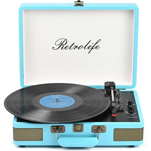 Record Player 3 Speed Bluetooth Portable Suitcase Vinyl Player with Built-in Speakers Turntable Enhanced Audio Sound PU Leather Vintage