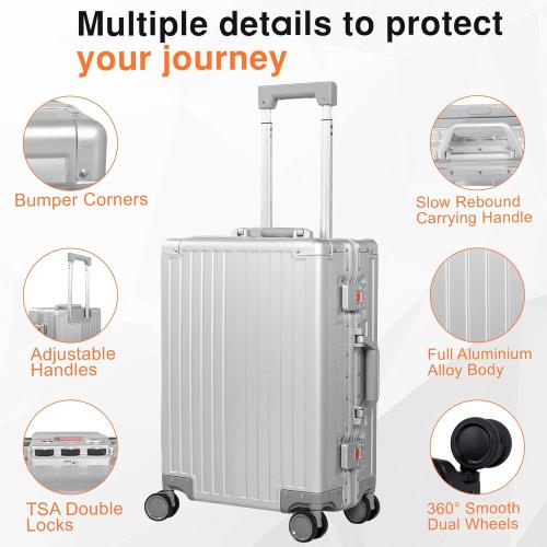 All Aluminum Carry On Luggage 22x14x9 Airline Approved，Hard Shell Carry On Luggage, Zipperless Luggage Aluminum Suitcase Luggage (sliver, 20inch)