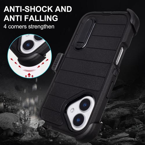 Black for iPhone 16 Case with Belt Clip Holster, Heavy Duty Rugged Military Grade Shockproof Cases for iPhone 16 Case Protective Cover with Kickstand 6.1 Inch