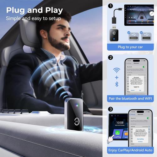 Wireless Carplay Adapter for iPhone, Convert Wired Carplay to Wireless, 2 in 1 Plug and Play Android Auto and Carplay Adapter for iOS 10 Android 11 and Above, Cars with Built-in Carplay (Silver)