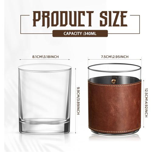 2 Sets Size 11.5 oz Leather Rocks Glasses 11.5 oz Leather Wrapped Whiskey Glasses with Gift Box Glass Sleeve Bourbon Glass Gift for Men Father (Brown)