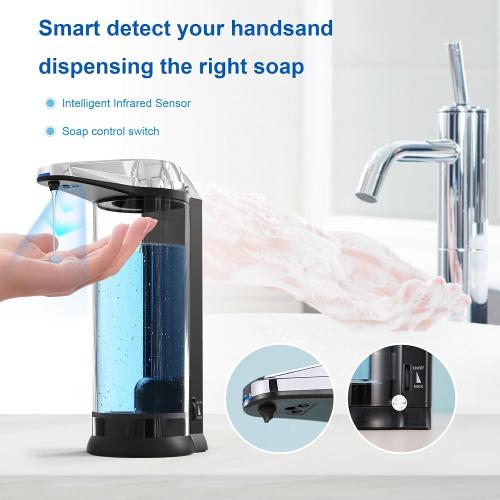 Size 500ML Color Black and silver Automatic Soap Dispenser Wall Mount, Touchless Soap Dispenser 500ml/17oz Battery Operated Hand Free Hand Sanitizer Dispenser Wall Mounted for Bathroom Kitchen Hotel Offices Plastic, Chrome